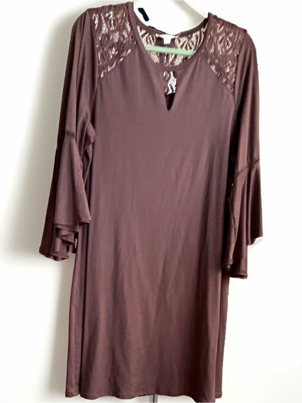 Spense Brown Lace-Yoke Bell Sleeve Shift Dress